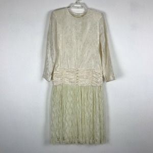 Vintage 1980s Dress Size L Floral Lace Crochet Accents Ivory Party Long Sleeve